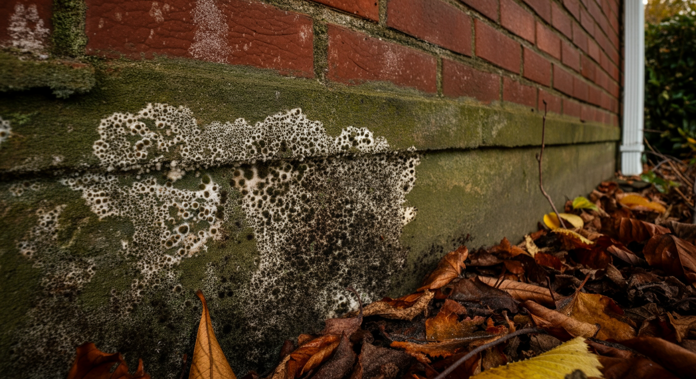 White substance oozing from the concrete exterior wall. Mold on concrete on brick wall.