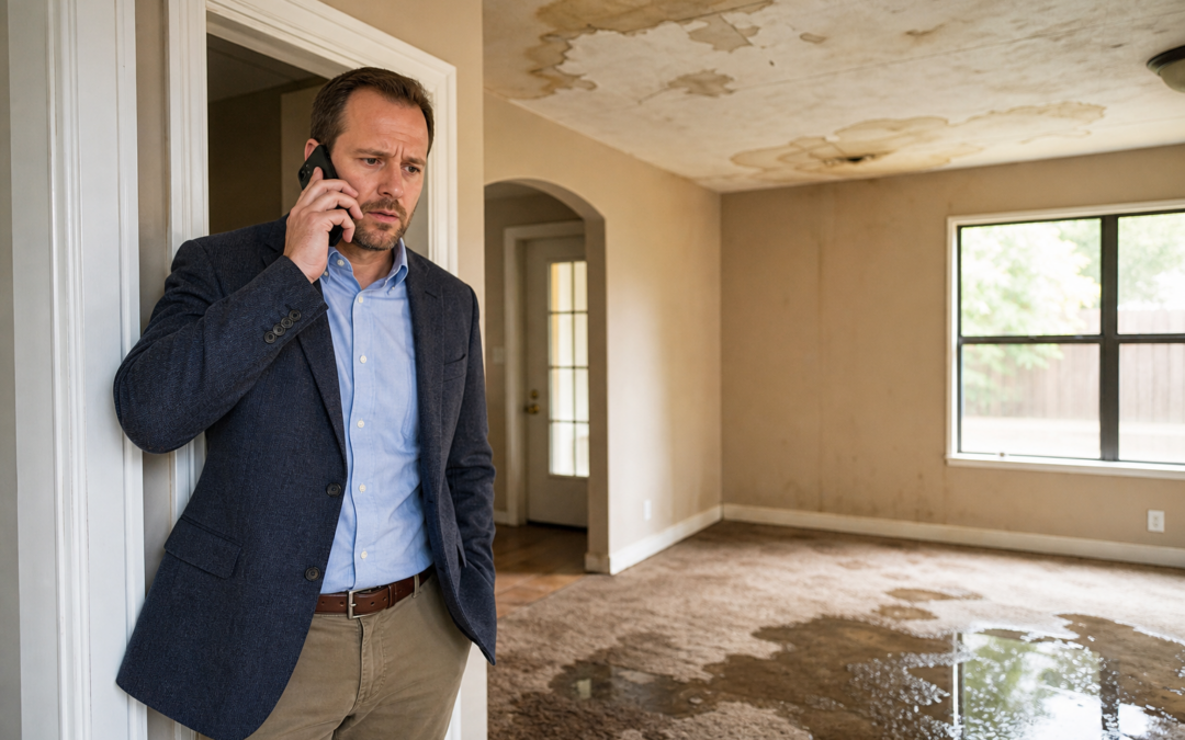 Landlord on the phone in a rental property doorway looking at water damage on the ceiling and carpet