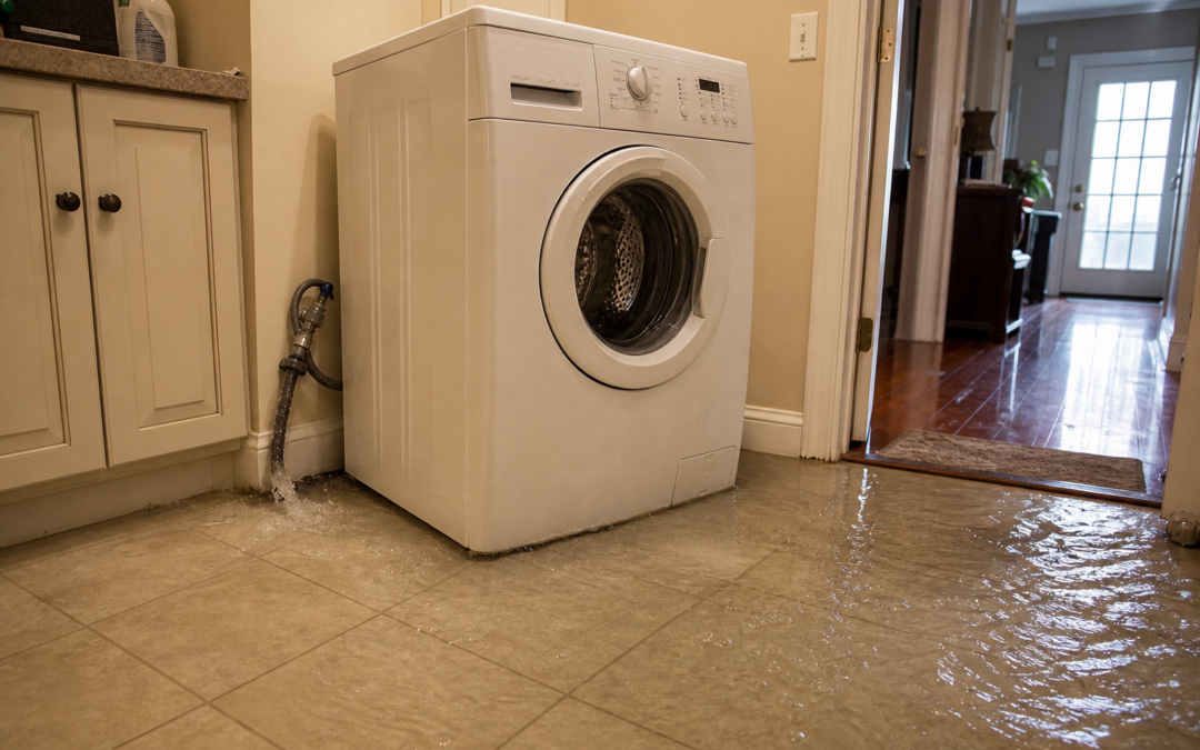 Washing machine flooding a residential laundry room with water spreading across the floor