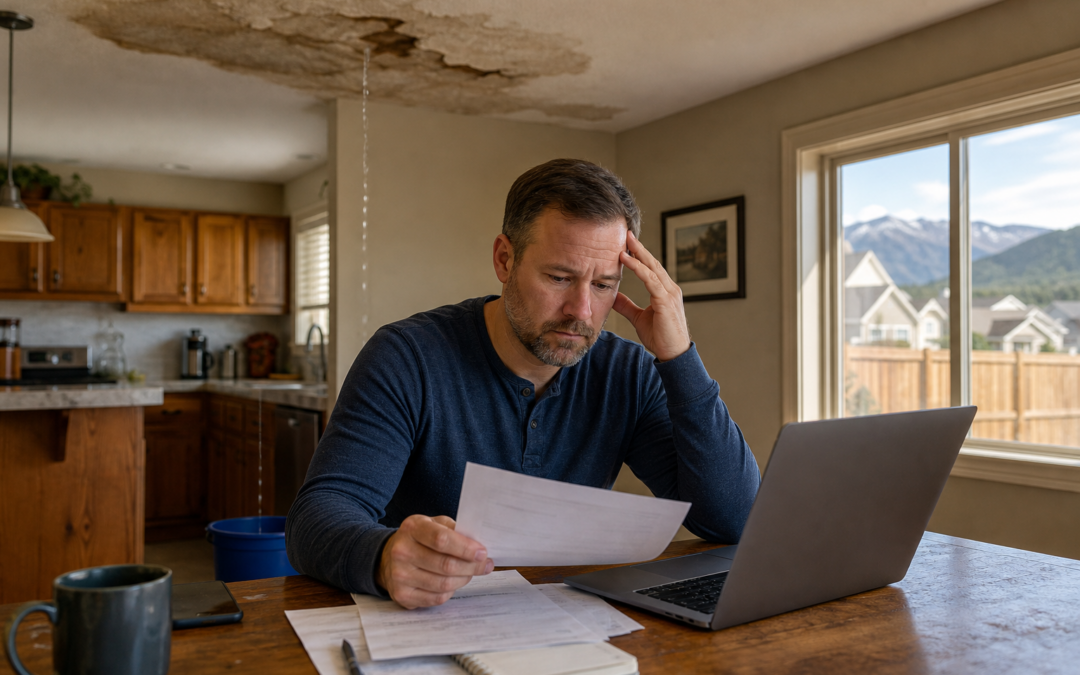 Northern Colorado homeowner reviewing insurance paperwork with water damage visible on ceiling