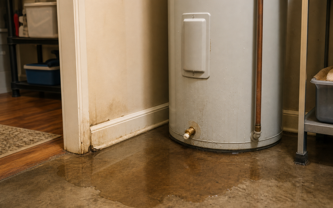 Residential water heater leaking with water pooling on the floor causing damage
