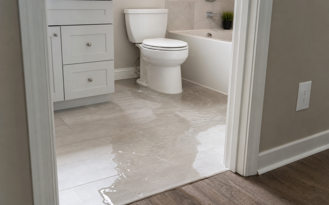 Residential bathroom with water pooling on tile floor from toilet overflow spreading toward the hallway