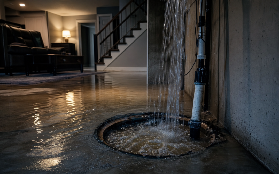 Residential basement with sump pump pit overflowing and water spreading across the finished basement floor