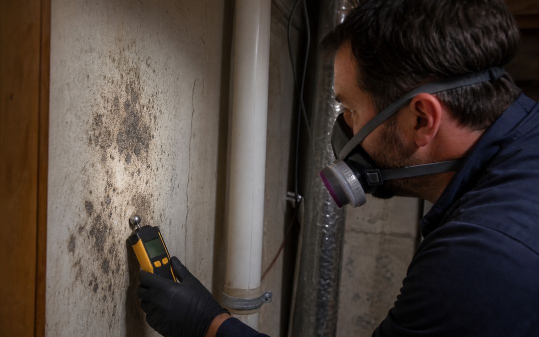 Professional mold inspector using a moisture meter on a residential wall with visible mold growth nearby