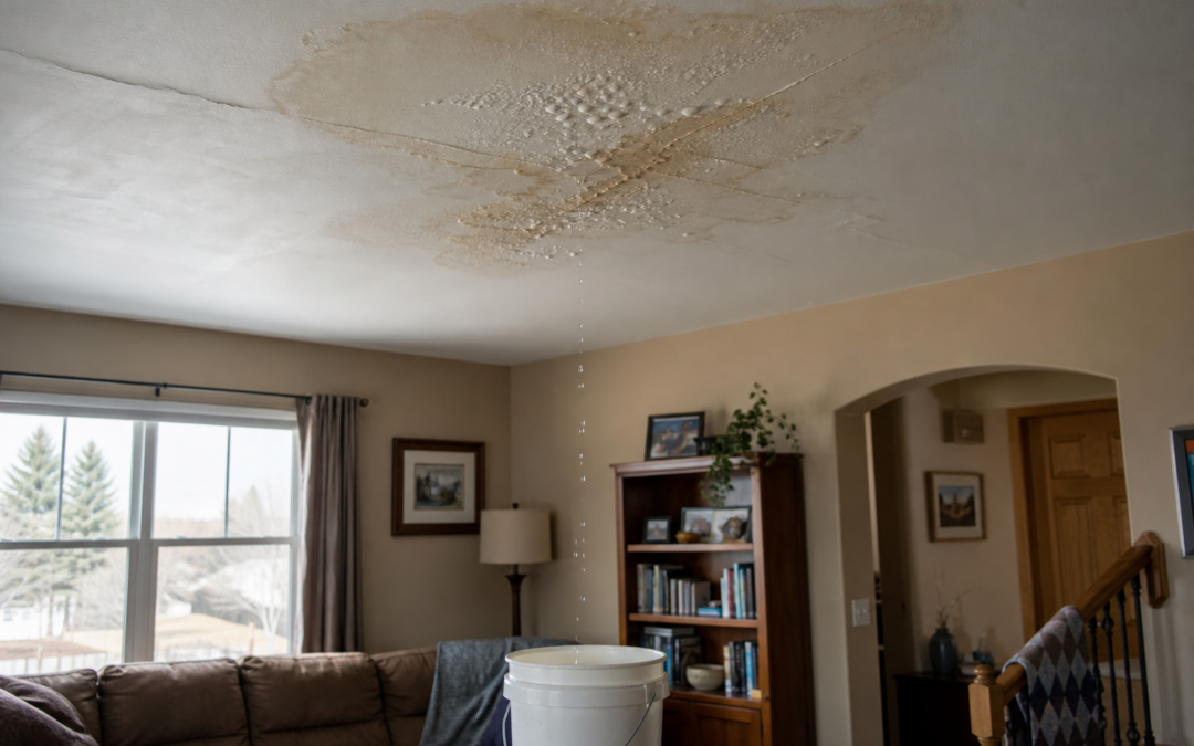 Water-stained ceiling with paint bubbling from an active roof leak dripping into a bucket in a Northern Colorado home