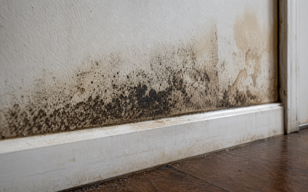 Dark black mold growth spreading on damp interior drywall behind a baseboard after a water leak