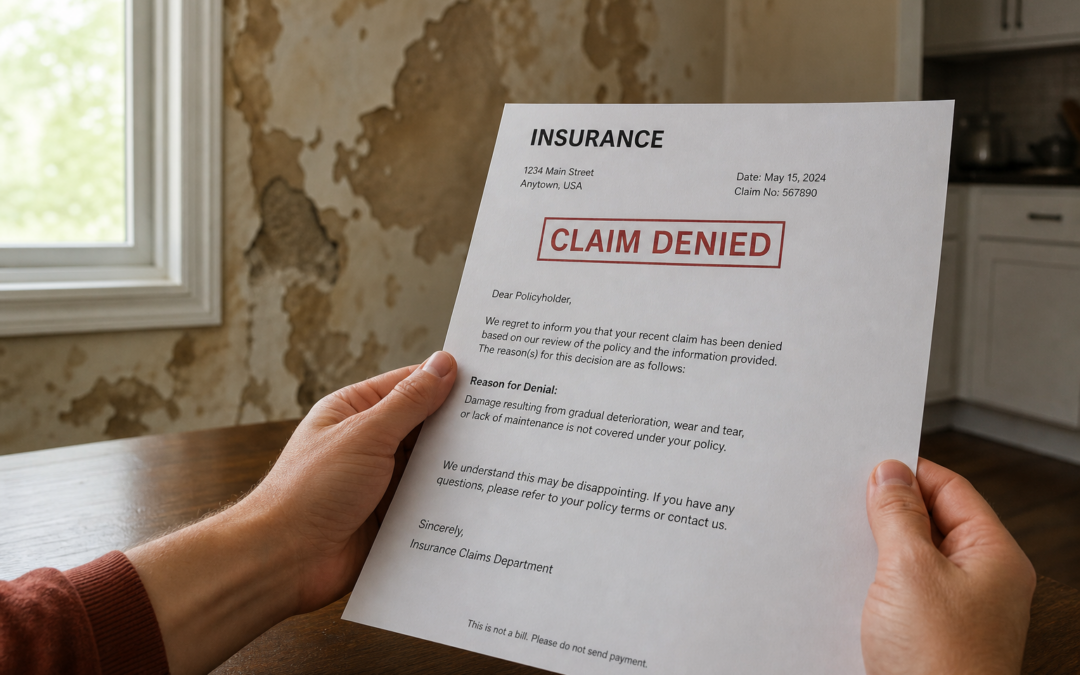 Homeowner reading a water damage insurance claim denial letter with damaged wall in background