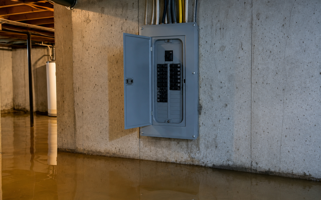 Electrical breaker panel above standing water in a flooded basement showing electrocution hazard