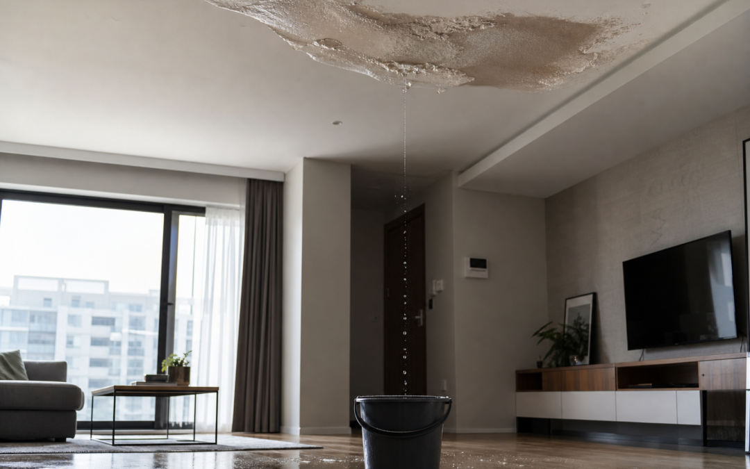 Water stained bubbling ceiling in an apartment living room with water dripping into a bucket