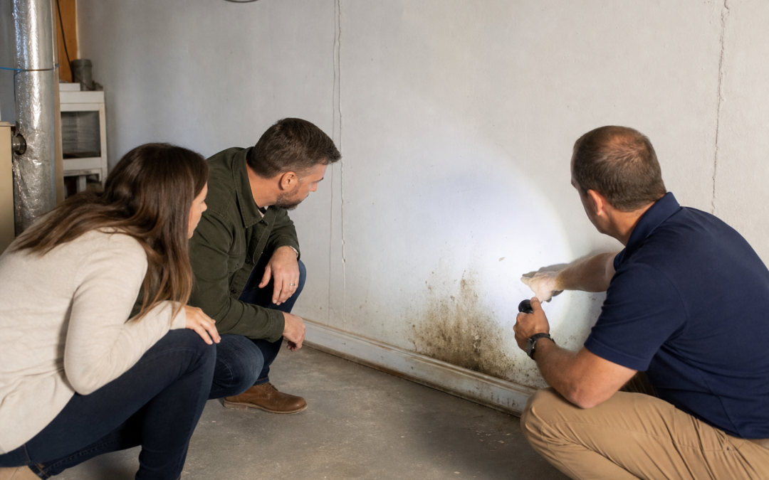 Home buyers inspecting a basement wall with a flashlight and finding a water stain