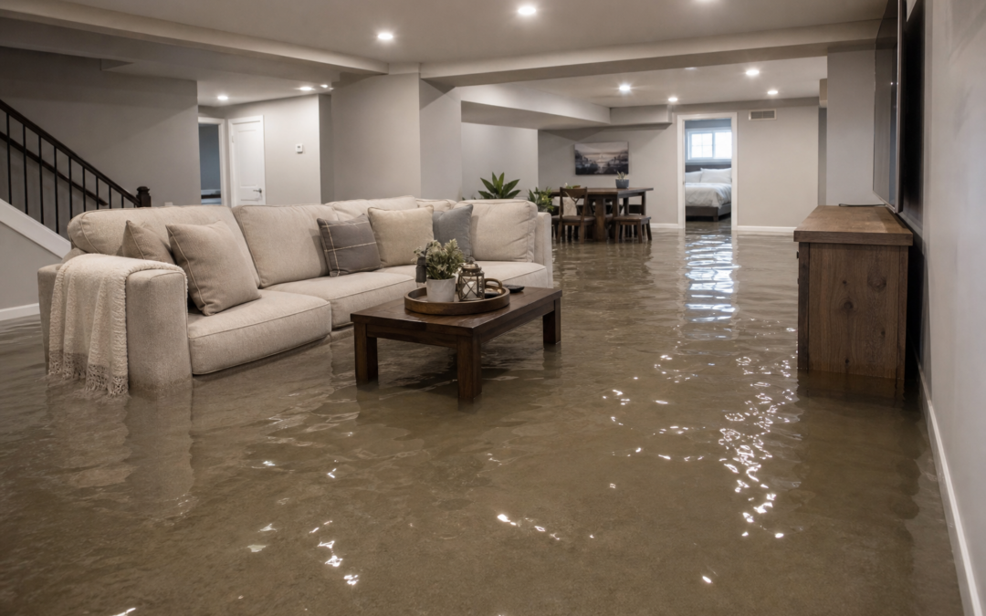 Flooded finished basement with standing water over carpet in a newer Johnstown Colorado home