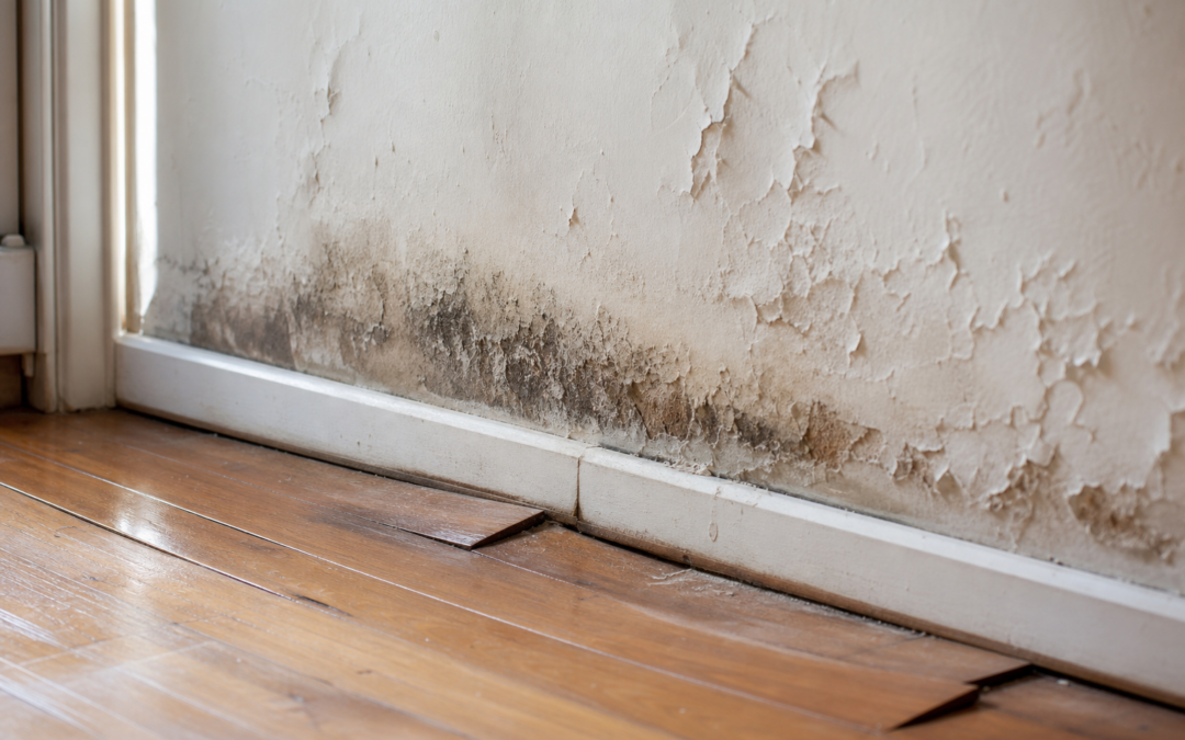 Bubbling peeling paint and damp staining at the baseboard with cupping hardwood floor from a hidden water leak