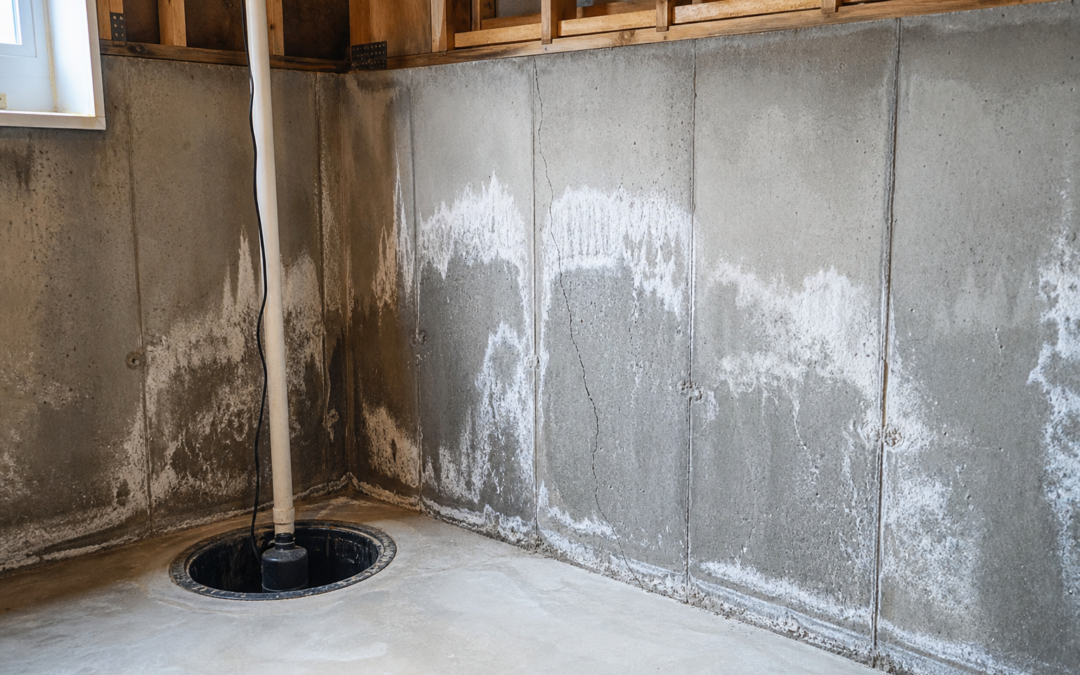 Unfinished basement foundation wall with white efflorescence mineral staining and a hairline crack near a sump pump pit