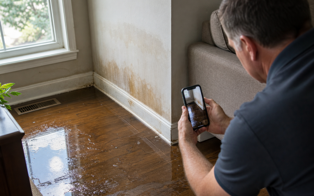 Homeowner photographing water damage on a soaked floor and baseboard with a smartphone to document an insurance claim