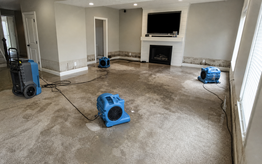 Finished basement in Loveland Colorado with soaked carpet and drying equipment running