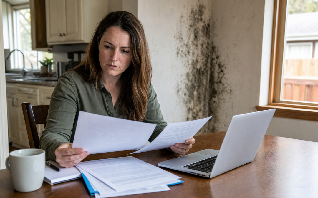 Homeowner reviewing a homeowners insurance policy document at a kitchen table with mold damage visible on the wall behind