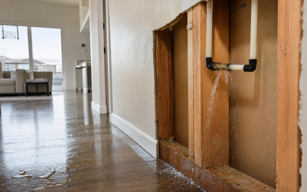 Water leaking from a failed PEX pipe connection inside an open wall cavity of a newly built Windsor Colorado home