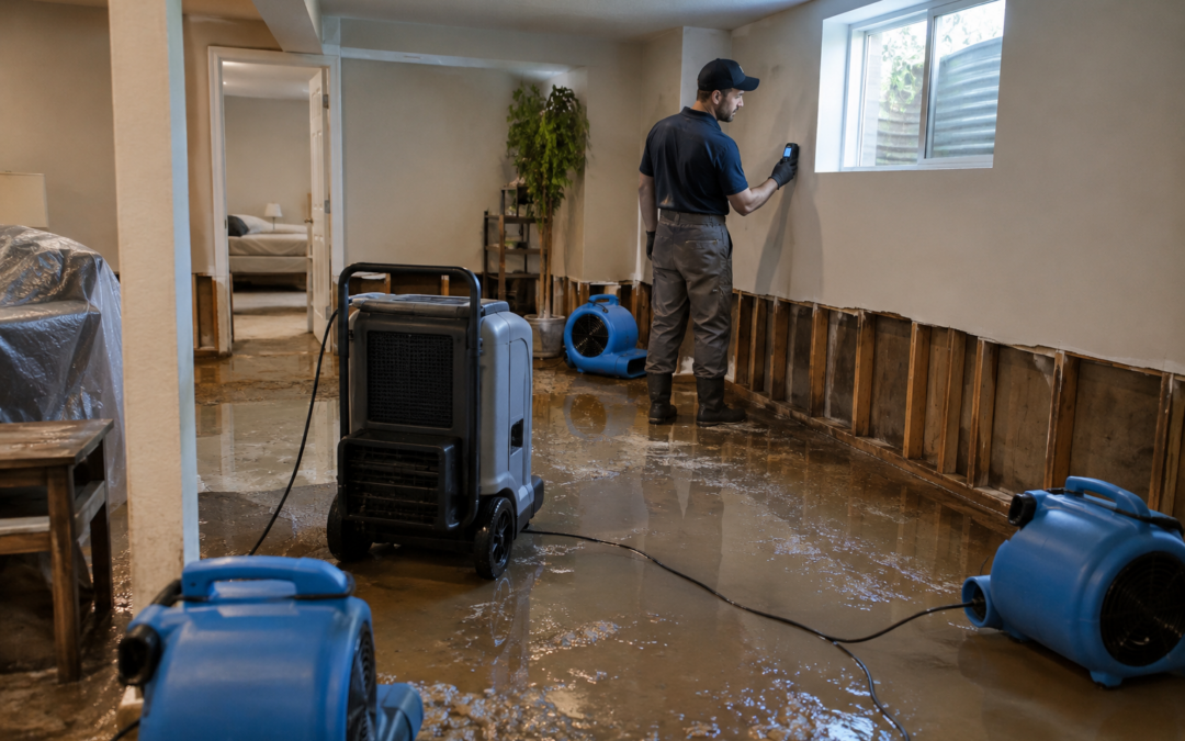 Restoration technician checking basement drywall with a moisture meter after a flash flood, with air movers and a dehumidifier running