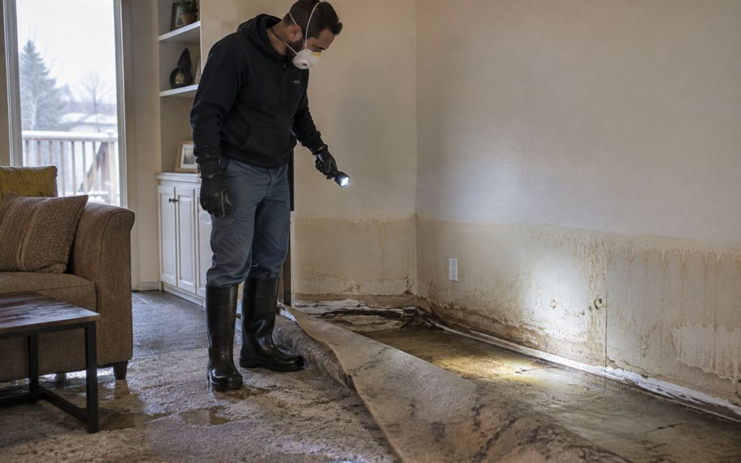 Restoration professional in boots, gloves and mask inspecting a flood-damaged living room with a water line on the walls