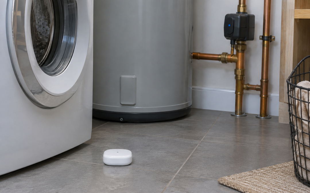Smart water leak sensor on a laundry room floor next to a washer and water heater, with an automatic shutoff valve on the main water line