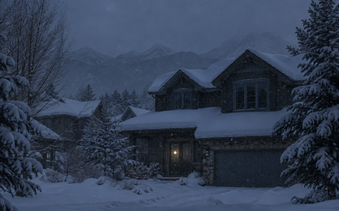 Northern Colorado home during a winter power outage with snow on the roof and dark windows