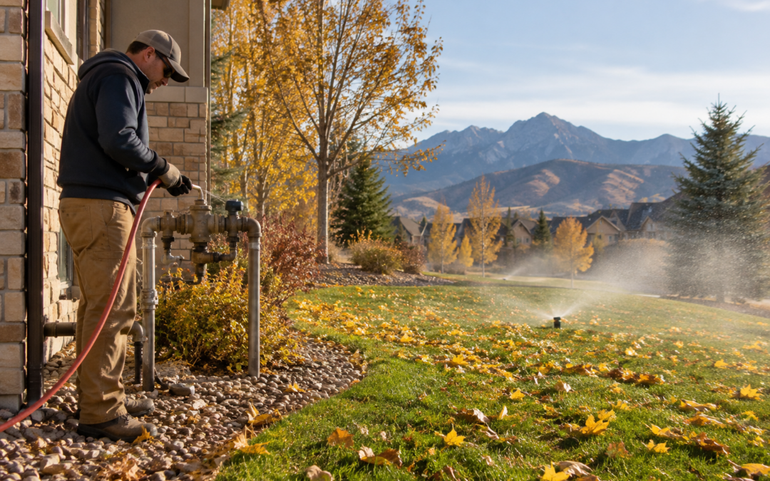 Irrigation technician blowing out a sprinkler system at the backflow preventer of a Northern Colorado home in fall, Front Range foothills behind