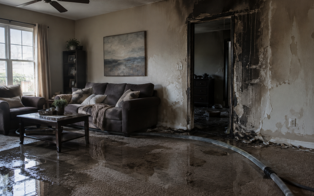 Living room with soaked carpet and wet drywall after firefighters put out a house fire